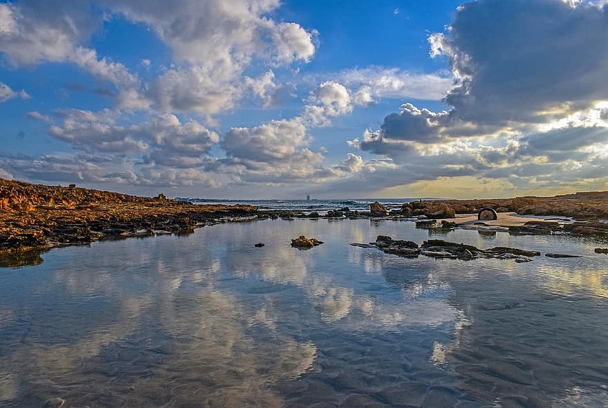 пляж, море, облака, горизонт, зеркальное отображение, природа, айя напа, Кипр, воды, пейзаж, заход солнца