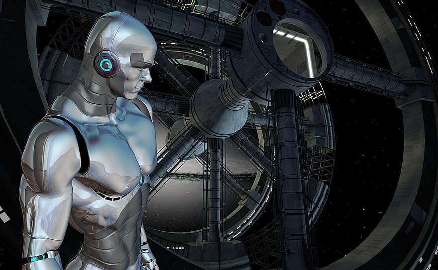 hombre, muscular, robot, futuro, cyborg, androide, robótica, azul, plata