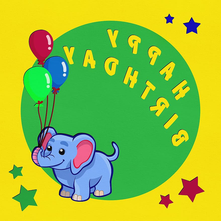 verjaardag, ballonnen, olifant, ster, wijk, groet, verjaardagskaart, kaart, zoet, kinder verjaardag, kleurrijk
