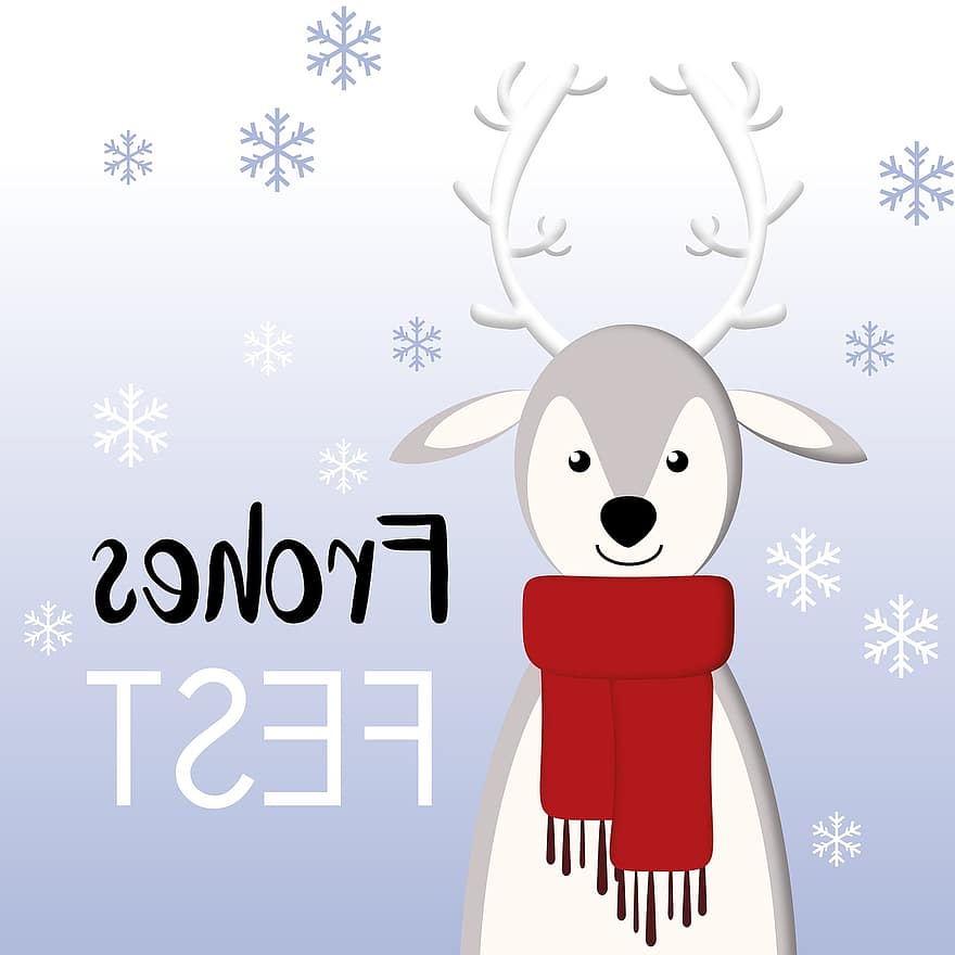 hirsch, Noël, heureux fixé, neige, dessin animé, hiver, mignonne