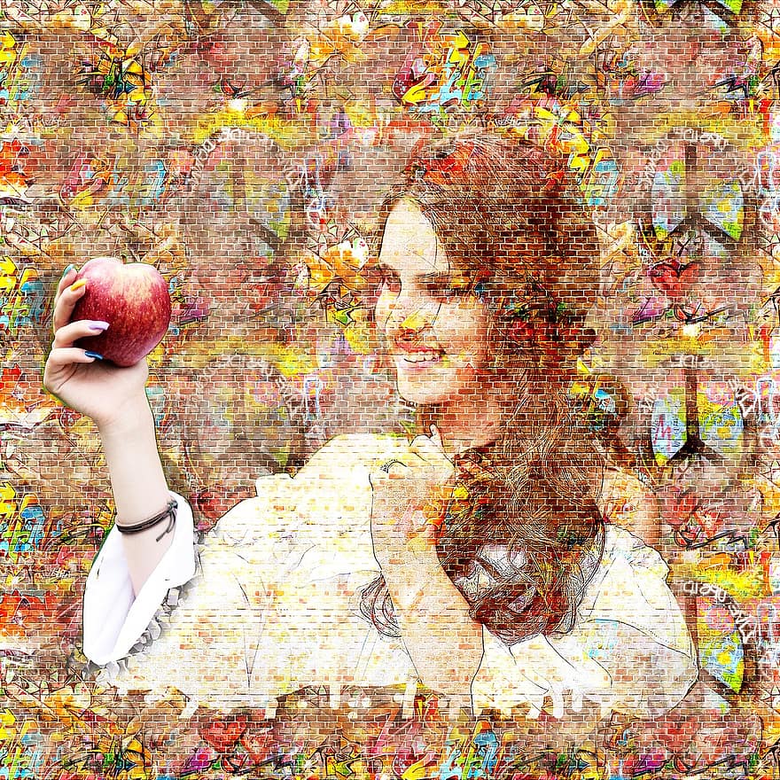 लड़की, सेब, भित्ति चित्र, कला, सुंदरता, भावना