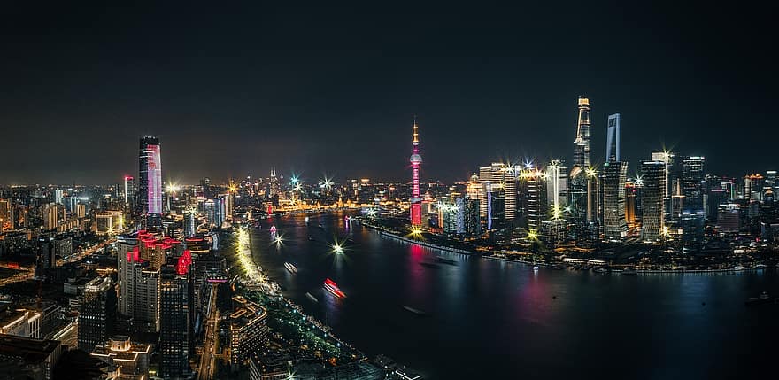 상하이, 시티, 중국, 밤, 건물, 현대, 지평선, 물, 하늘