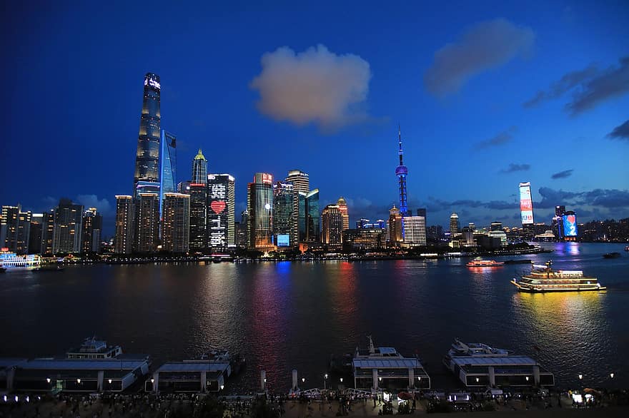 シティ、建物、旅行、観光、建築、上海、中国、夜、超高層ビル、街並み、有名な場所