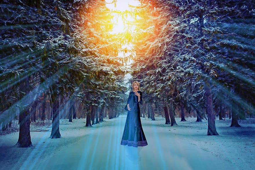 женщина, снег, солнечные лучи, метель, холодно, лес, девушка, волосы, человек, гроза, снежинки