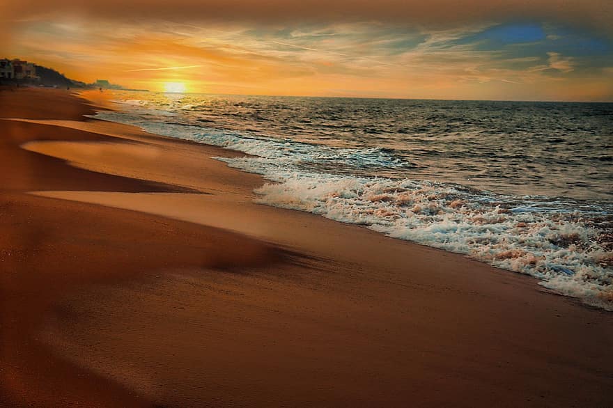 saulrieta, saullēkts, pludmale, smiltis, krastā, jūras krastā, viļņi, jūra, okeāns, ūdens, horizonts