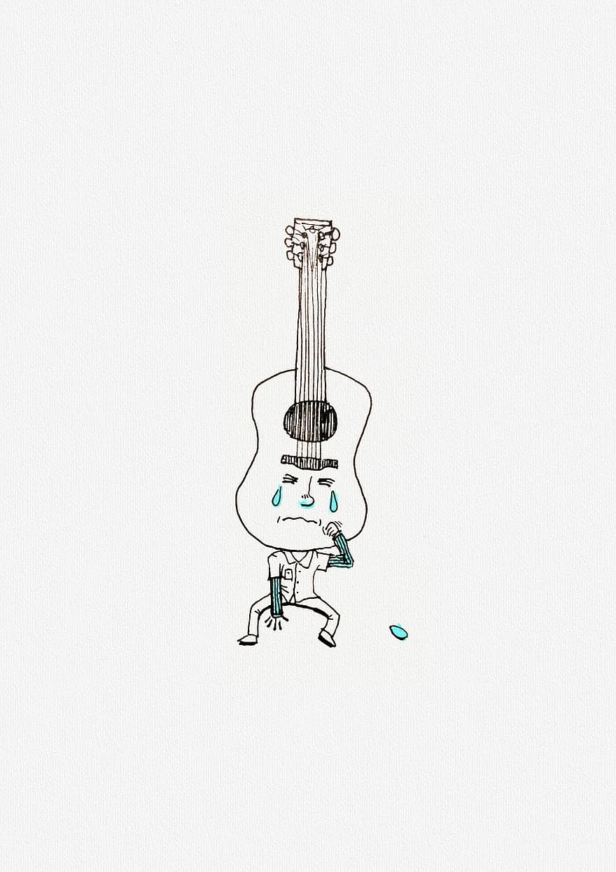китара, плач, карикатура, прекрасен, тъжен, музика