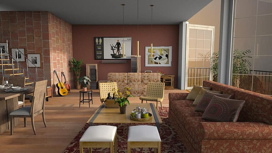 sofa, ruang keluarga, mebel, kamar, bagian dalam, meja, menjadi, modern, jendela, nyaman