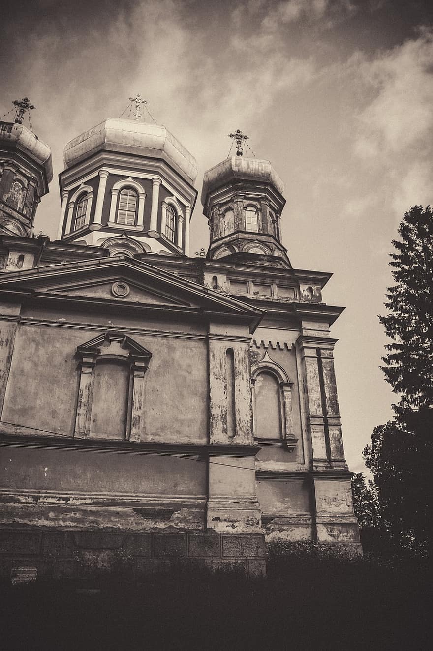 церква, фасад, чорний і білий, релігія, православний, будівлі, собор