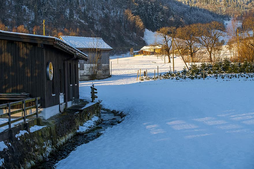 domy, kabiny, vesnice, sníh, zimní, večer, švýcarsko, hora, krajina, sezóna, les