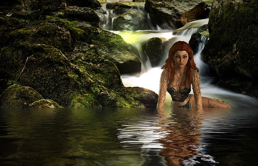 Woman, Water, Waterfall, Spieglung, Swim, Wave, Lake, Mood, Feet, Forest, Elf