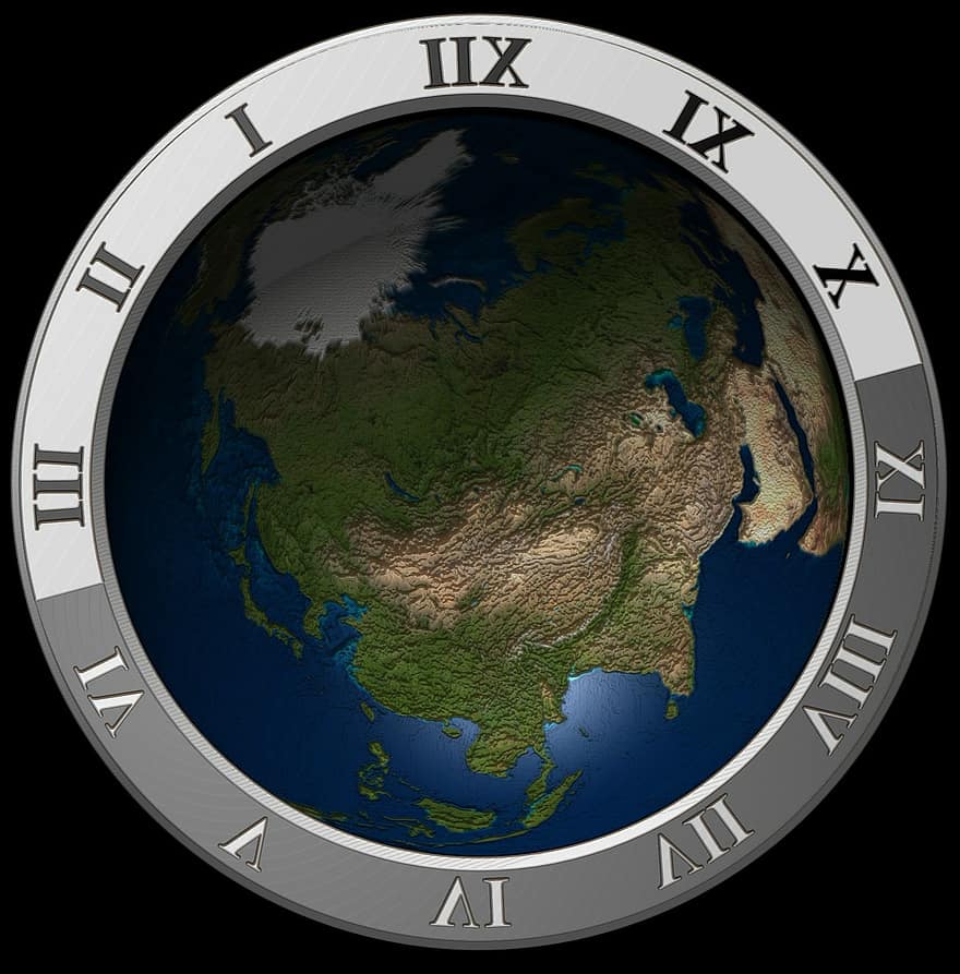 reloj, dígitos, marcar, paga, tierra, globo, mundo, planeta, continentes, Europa, Asia