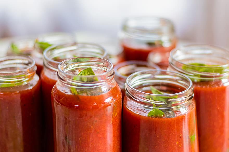 sauce, tomate, mise en conserve, basilic, aliments, préparation