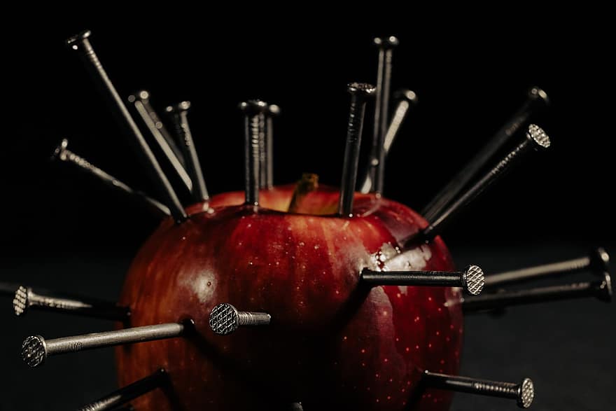 apple, fruit, nails, close-up, food, healthy eating, single object, equipment, gourmet, freshness, organic