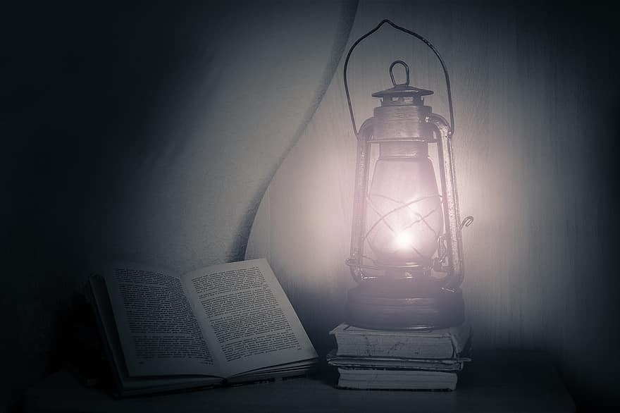 lámpa, könyv, olvasás, bw, fény, petróleumlámpák, szüret