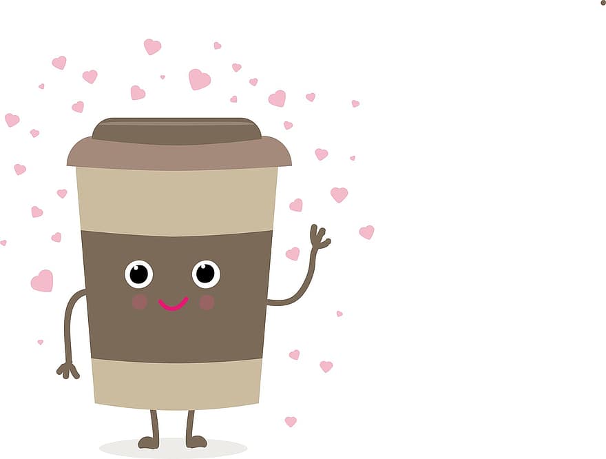 навынос, чашка кофе, антропоморфический, кружка, сердца, кофе, напиток, теплый, счастливый, любить, мультфильм