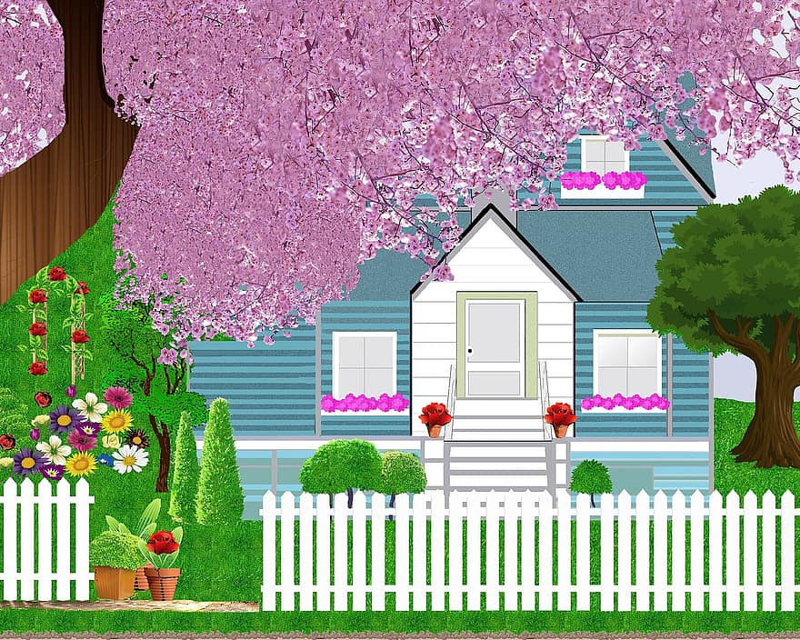 casa, jardín, Cereza, primavera, naturaleza, las flores, floración, flor de cerezo, puerta, ventanas, clausura