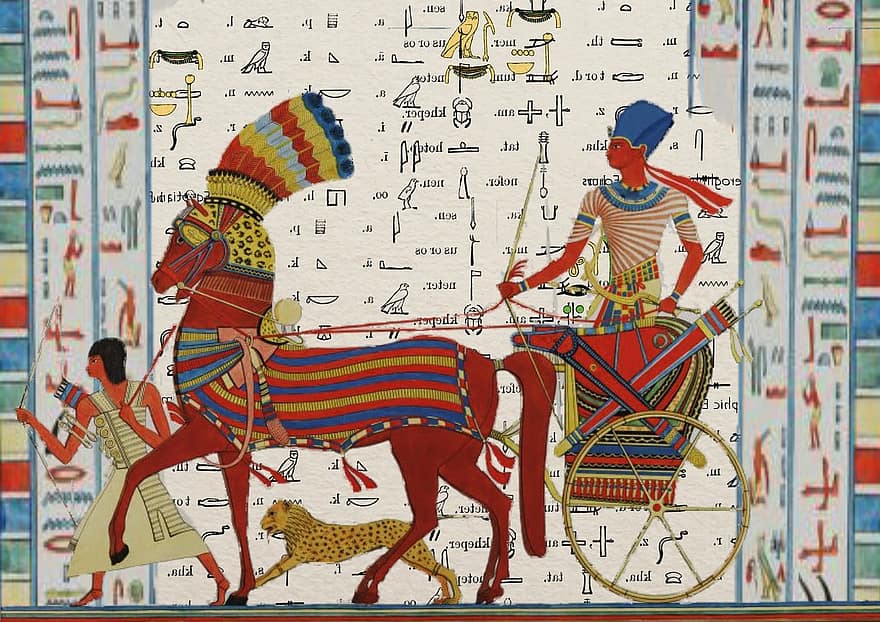 egyptský, Tutunkhamun, faraon, design, muž, chariot, lov, artefakt, královský, starověký Egypt, koláž