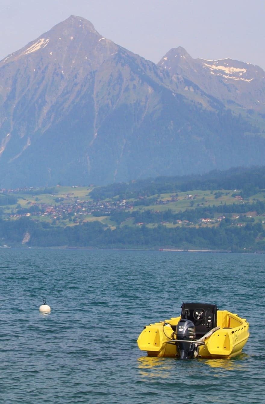 Boat, Lake, Mountains, Motor Boat, Water, Outdoors, Nature, Alps, summer, nautical vessel, sport