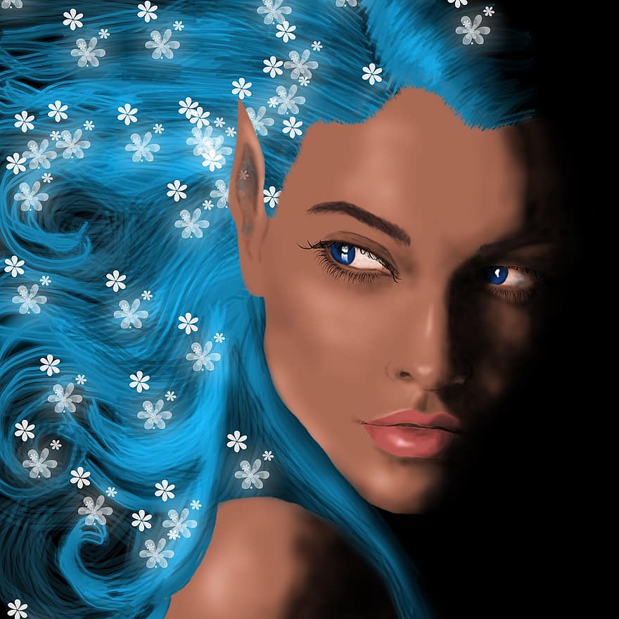 portret, elf, kobieta, niebieskie włosy, fryzura, wróżka, Fantazja, magia, Twarz, Płeć żeńska, malarstwo cyfrowe
