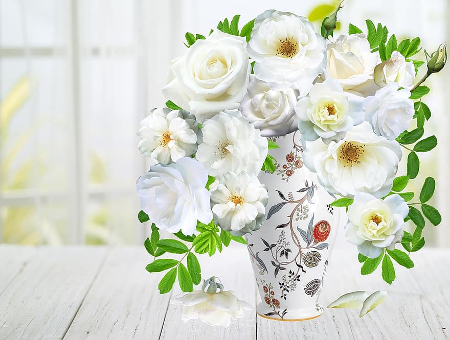 trandafiri, alb, floare, natură, petale, floare albă, albe de petale, puritate, buchet, fereastră, ceramică