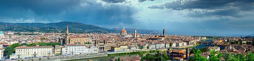 Florencja, panorama, Budynki, Miasto, rzeka, pejzaż miejski, Włochy, architektura, kościół, katedra, renesans