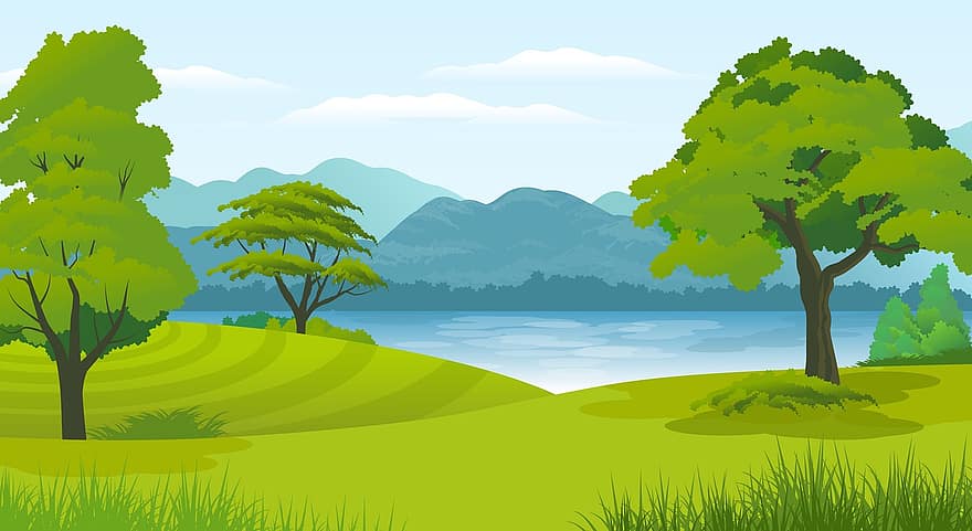 ilustración, paisaje, fondo, naturaleza, natural, cielo, montañas, nubes, arboles, bosque, rio