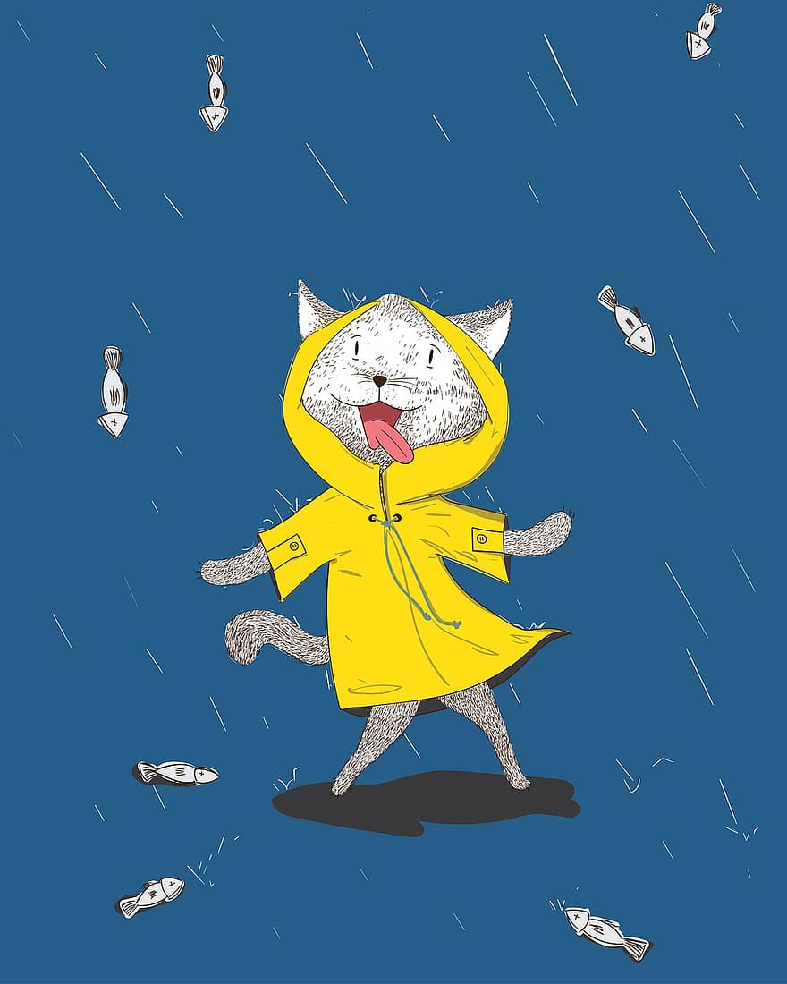 魚、ネコ、雨、いたずら書き、雨が降って、レインコート、猫科、図、デジタルドローイング、漫画のデッサン、降雨