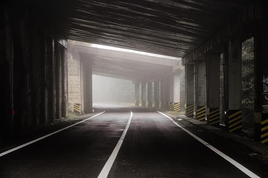 тунел, път, мъгла, транспорт, пейзаж