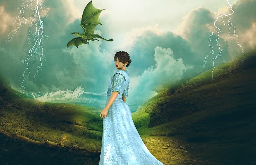 фантазія, дракон, казка, створіння, дівчина, книги, мрія, звір, летить, крила, замок