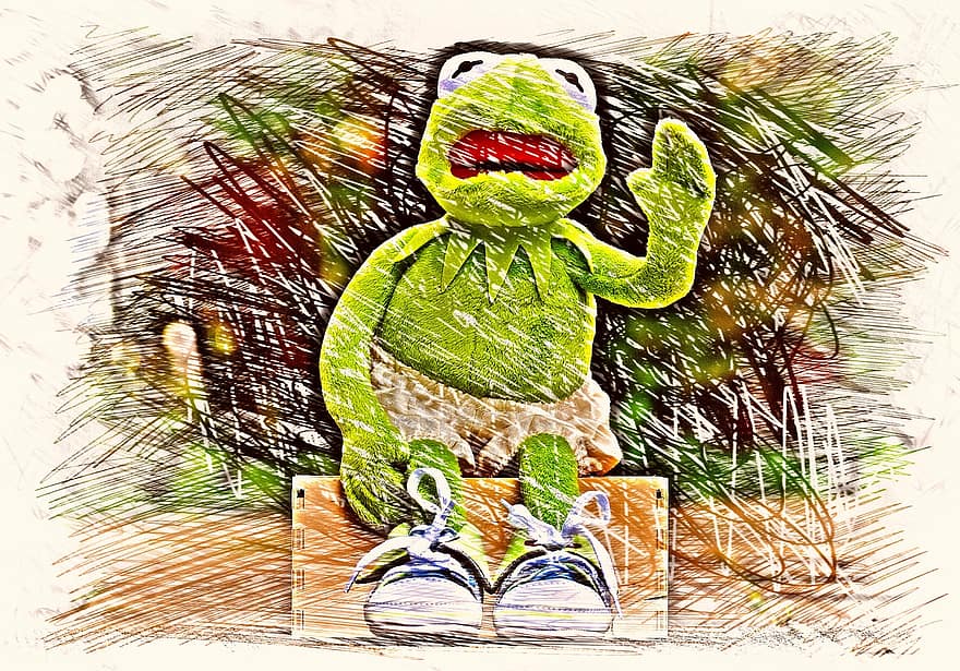 Kermit, sidde, bank, tegning, farverig, kondisko, bukser, frø, sjov, bølge, sjovt