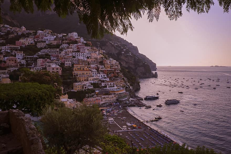 positano, zee, Italië, kust van Amalfi, zonsondergang, Europa, dorp, kustlijn, water, reizen, vakanties