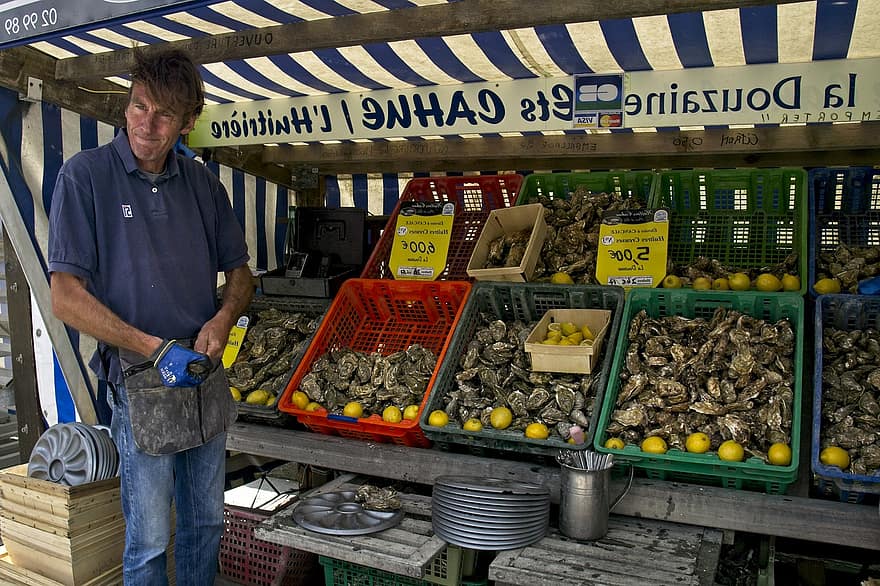 markt, oester, zeevruchten, schelpdier