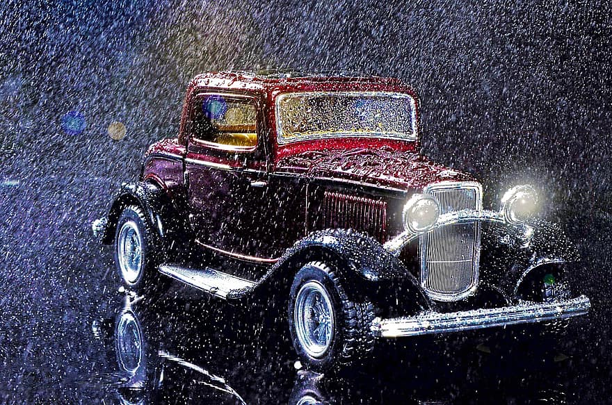 車、雨が降って、古い、ビンテージ、輸送、交通手段、降雨、クラシック、レトロ、車両、郷愁