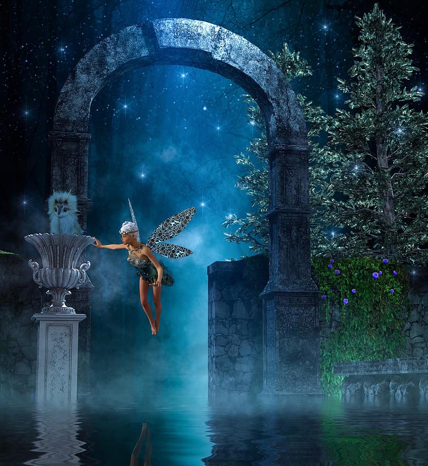 Background, Archway, Columns, Trees, Fairy, Creature, Mystical, Fantasy, Female, Character, Digital Art