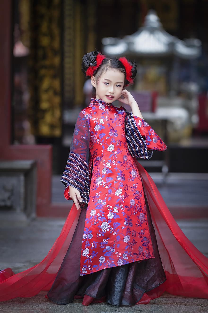 liten jente, gammel kostyme, asiatisk kostyme, asiatisk jente, barn, kid, Kinesisk kostyme, mote, Ho Chi Minh-byen, kvinner, tradisjonelle klær