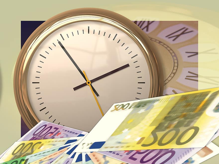 laikrodis, laikas, eurų, pinigų, valiuta, dolerio kupiūra, sąskaitos, popieriniai pinigai