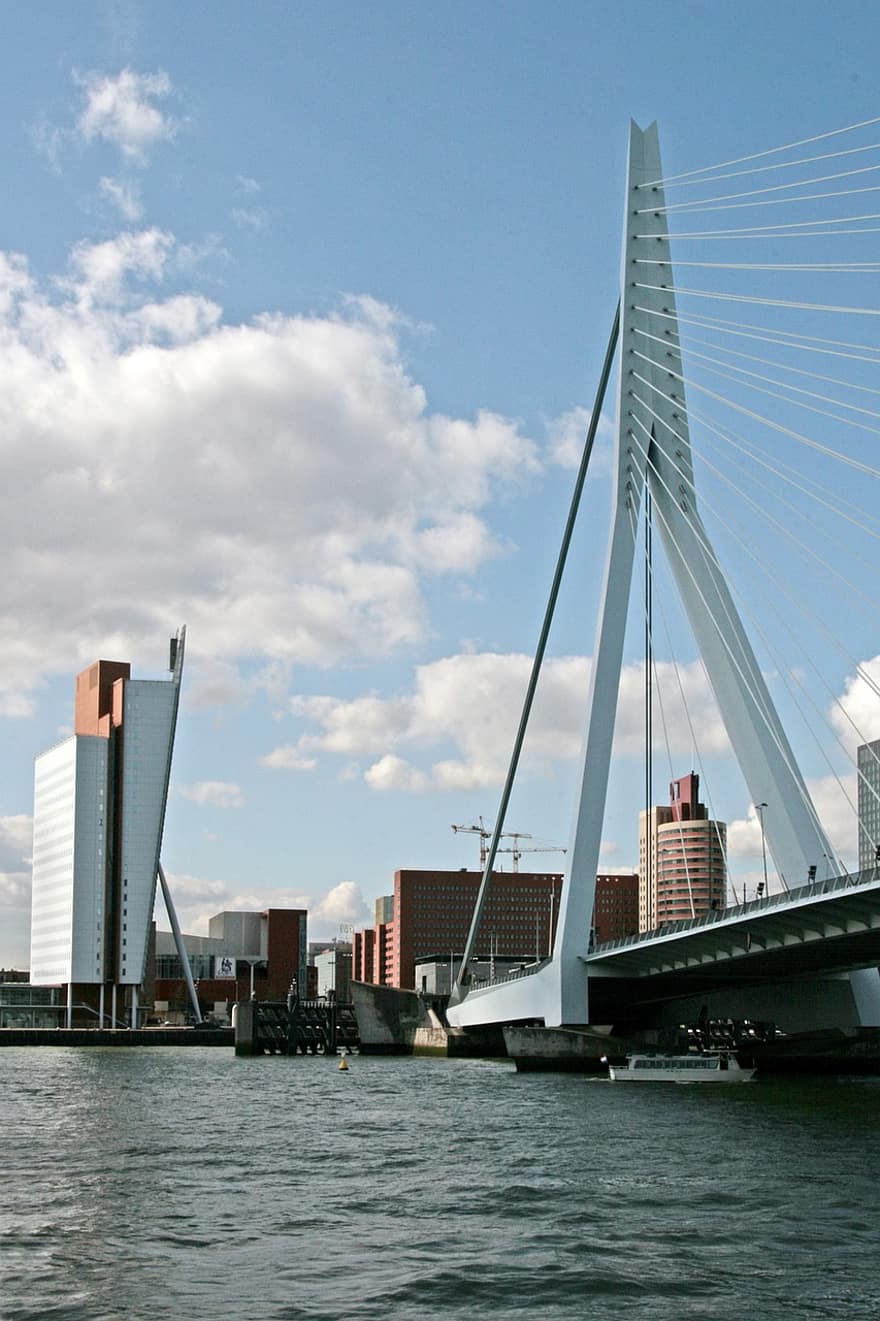 Roterdama, erasmus tilts, mākoņi, mājas, arhitektūra, acs, ūdens
