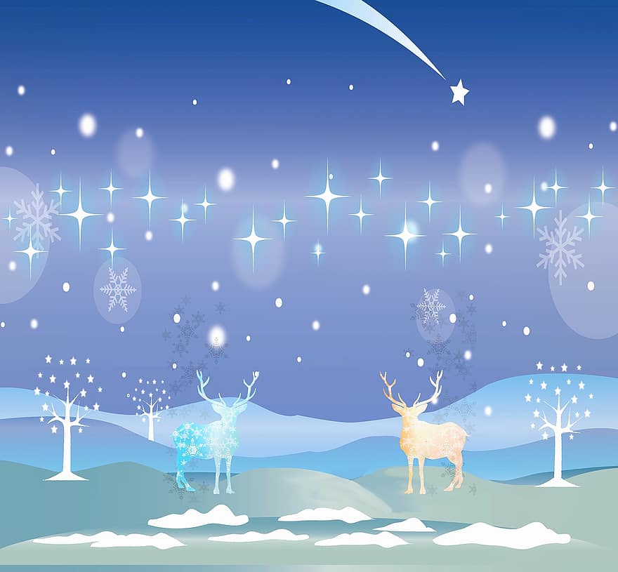 Jul Vinterlandskap, rådjur, snö, vinter-, vintrig, snögubbe, vit, träd, natt, blå, jul