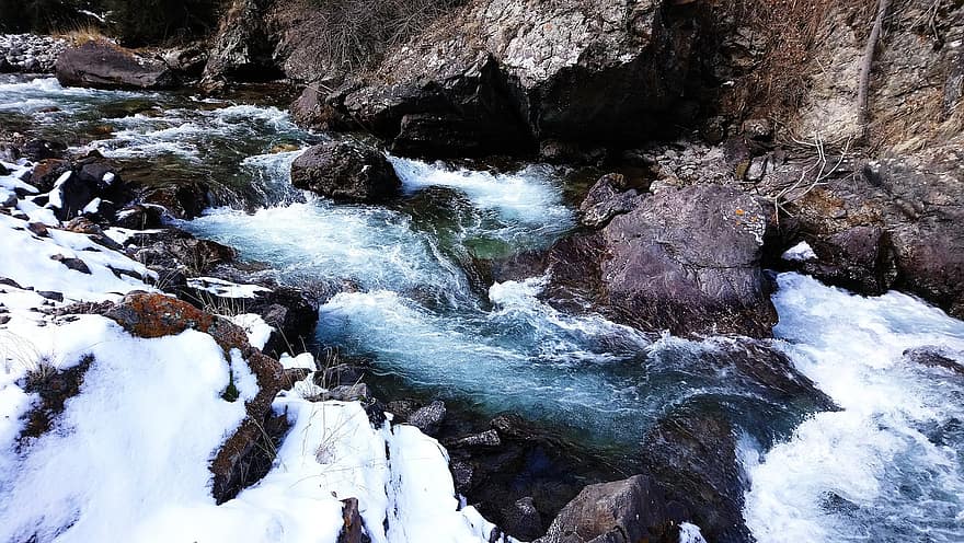 River, Snow, Stones, rock, water, forest, landscape, flowing, mountain, flowing water, freshness