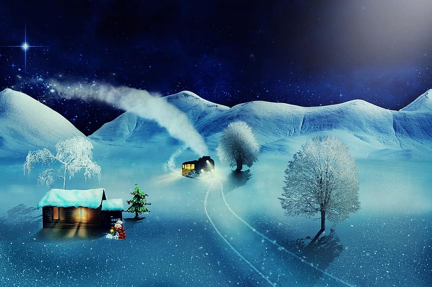 Kalėdos, fantazija, garo lokomotyvas, sniego kraštovaizdis, rąstinis namelis, sniegas, sniego žmogus, šviečia, žiemos, pasaka, mįslingas