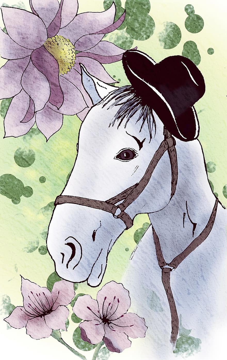 кон, цветя, шапка, пружина