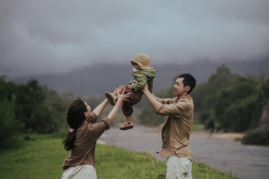 Family, Outdoors, Playing, Mother, Father, Child, Daughter, Baby, Happy, Together, Candid