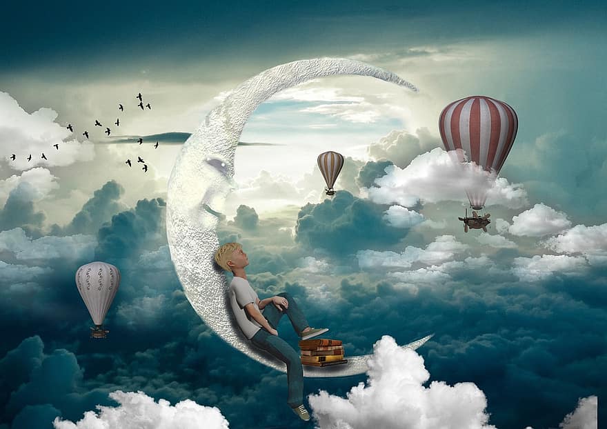 zēns, džinsi, krekli, mēness, balons, mākoņi, debesis, atmosfēras, grāmatas, vakara debesis, lidošana