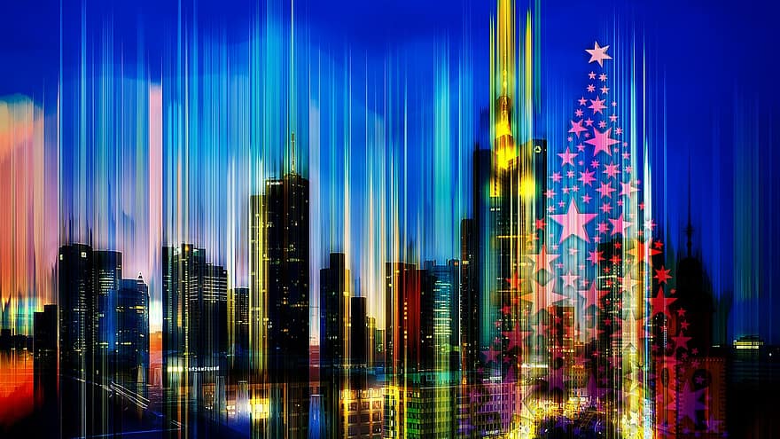 l'horizon, Francfort, Noël, étoile, carte de voeux, architecture, gratte ciel, ville, Allemagne, bâtiment, abstrait
