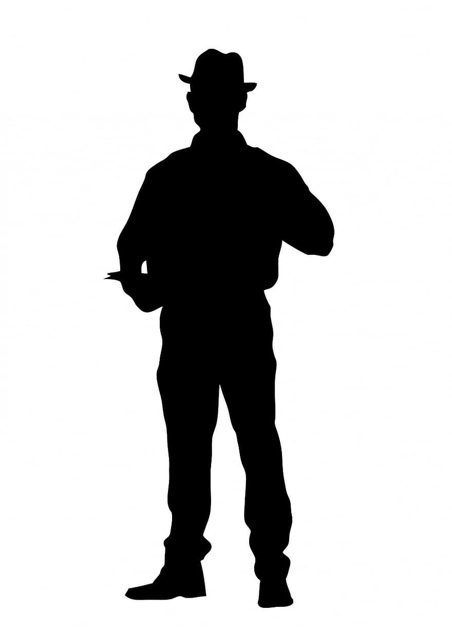 muž, mužský, osoba, stojící, Černá, silueta, směrem dopředu, čepice, bílý, Pozadí, izolovaný
