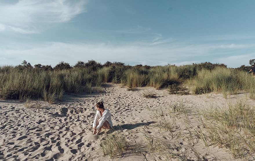 duny, pláž, žena, oceán, Nizozemí, oostkapelle, písek, ženy, letní, prázdnin, životního stylu