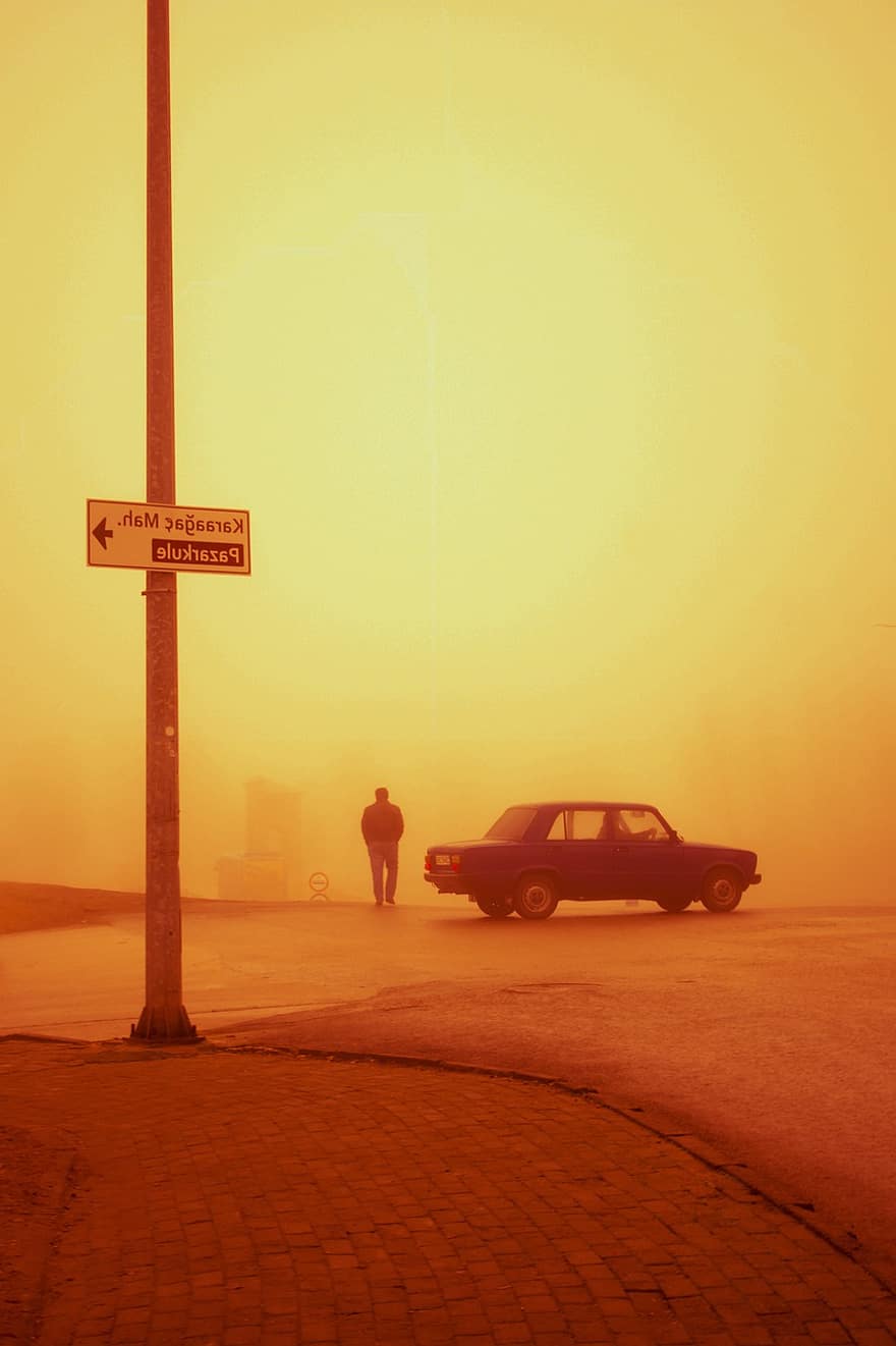 Street, Road, Haze, Sundown, sunset, car, men, sun, sunlight, silhouette, travel