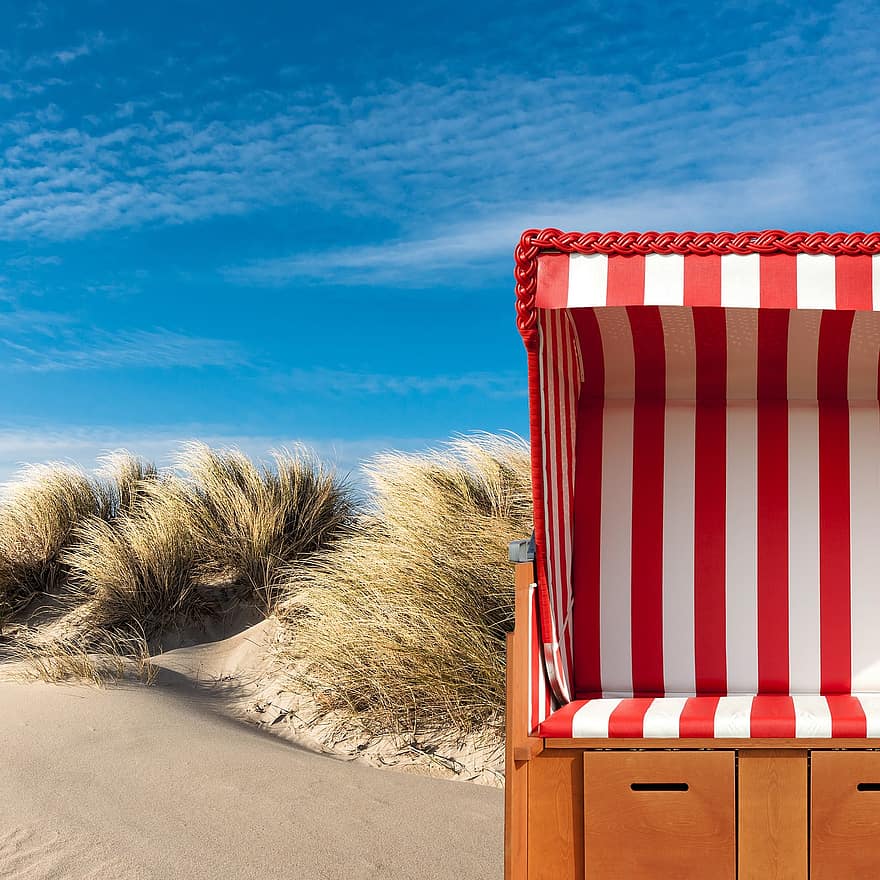 해변 의자, 바다, 발트 해, 대양, 모래 언덕, 모래, 여름, 휴가, 천국, 줄무늬가있는, 해안선