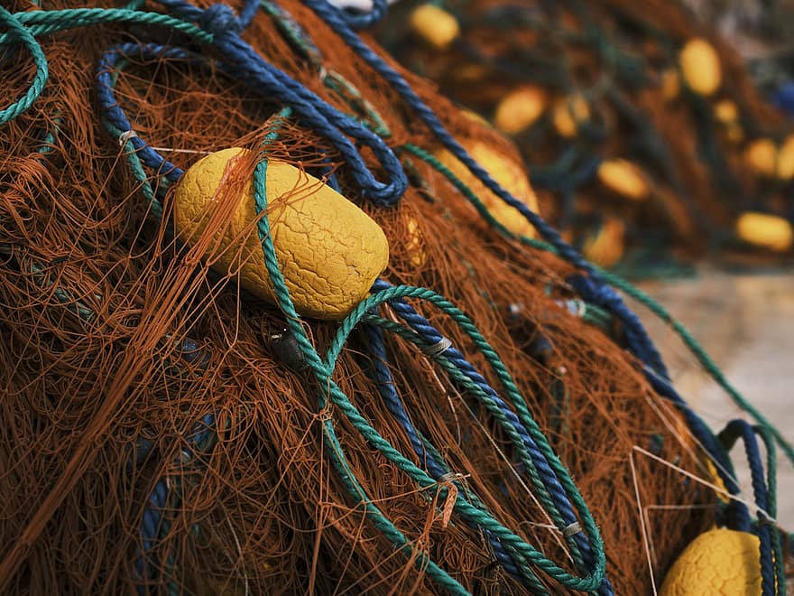 xarxa de pesca, corda, pescar, pesquer, trampa de peixos, net, boies, xarxa comercial de pesca, indústria pesquera, xarxa, equipament