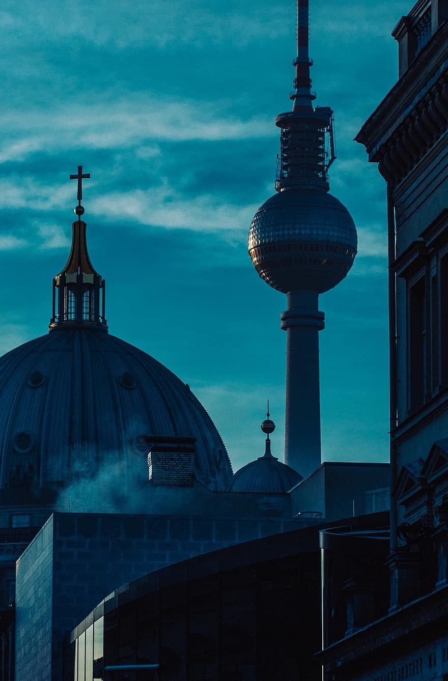 berlin, fjernsynstårn, katedral, kuppel, tv-tårn, landemerke, sightseeing, arkitektur, by, Tyskland
